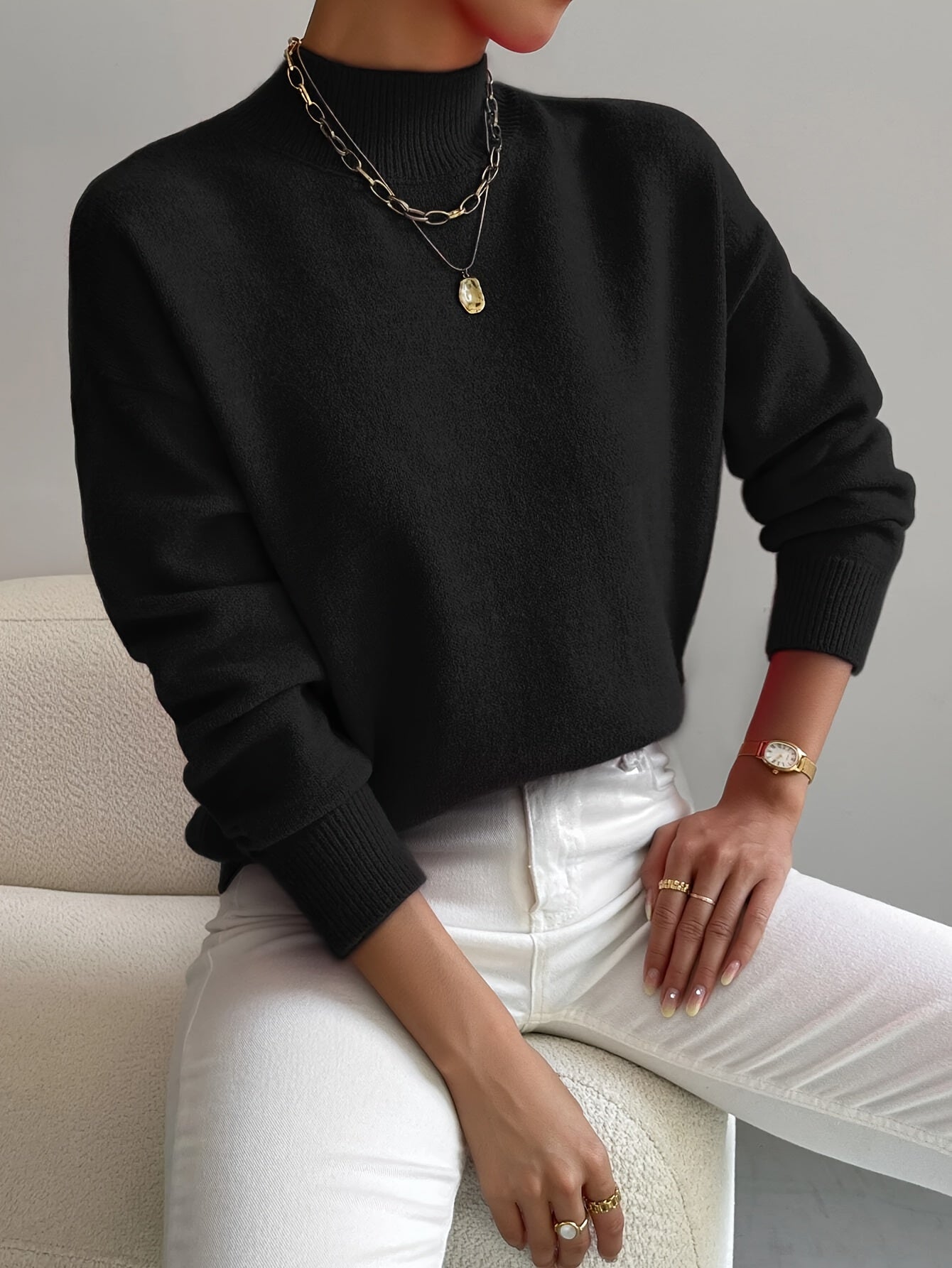 Turtle Neck Drop Shoulder Ribbed Cuff Soft Knit Sweater