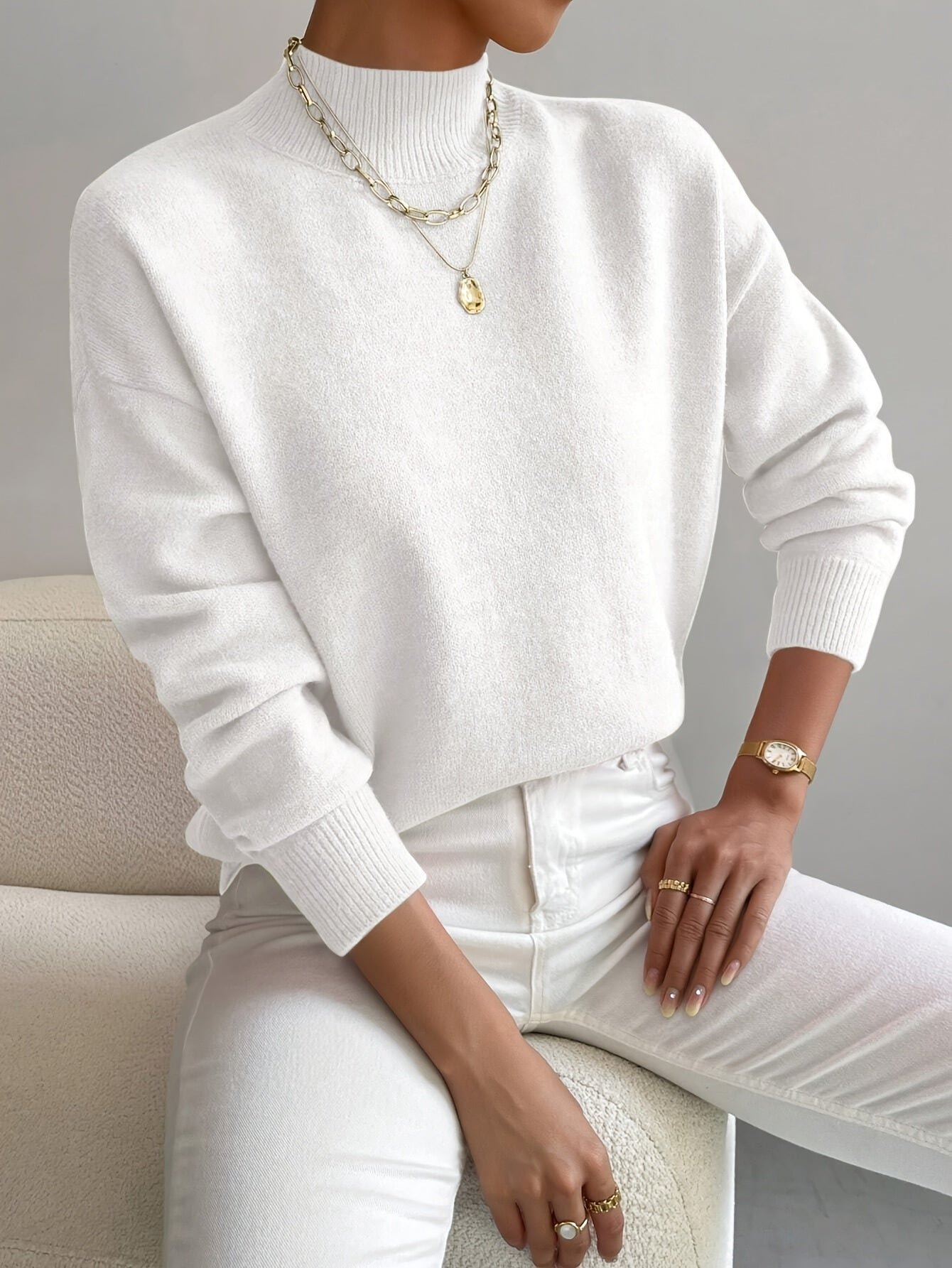 Turtle Neck Drop Shoulder Ribbed Cuff Soft Knit Sweater