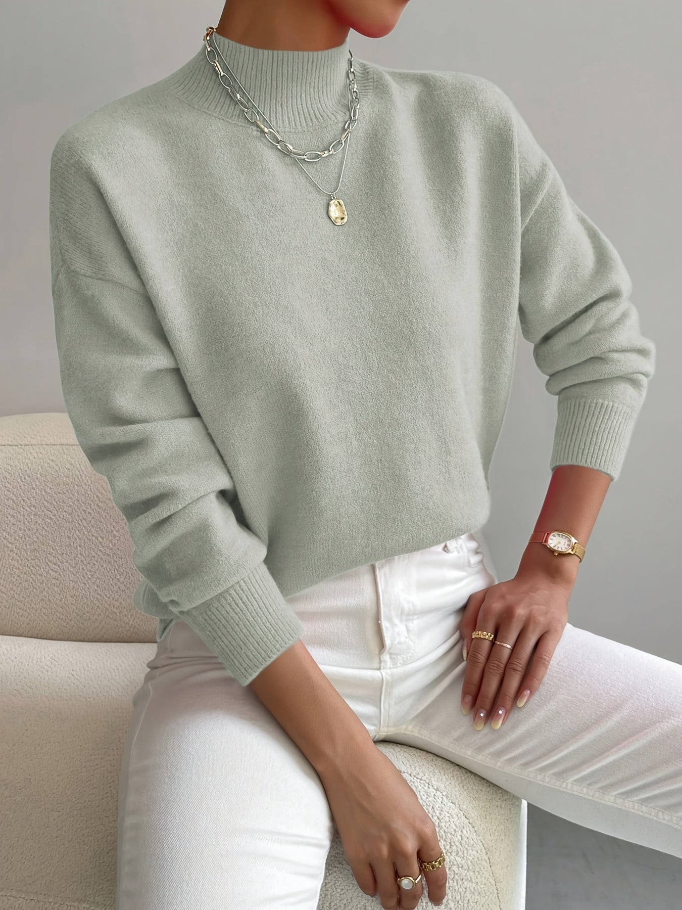 Turtle Neck Drop Shoulder Ribbed Cuff Soft Knit Sweater