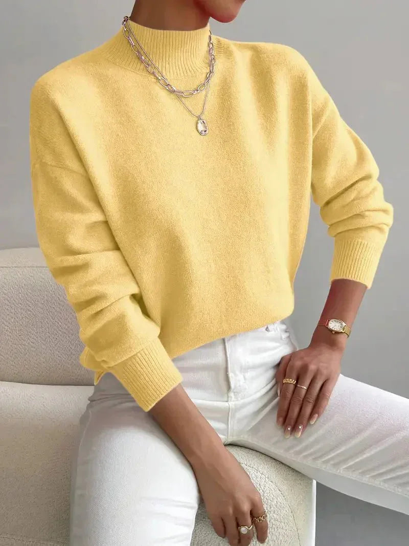 Turtle Neck Drop Shoulder Ribbed Cuff Soft Knit Sweater