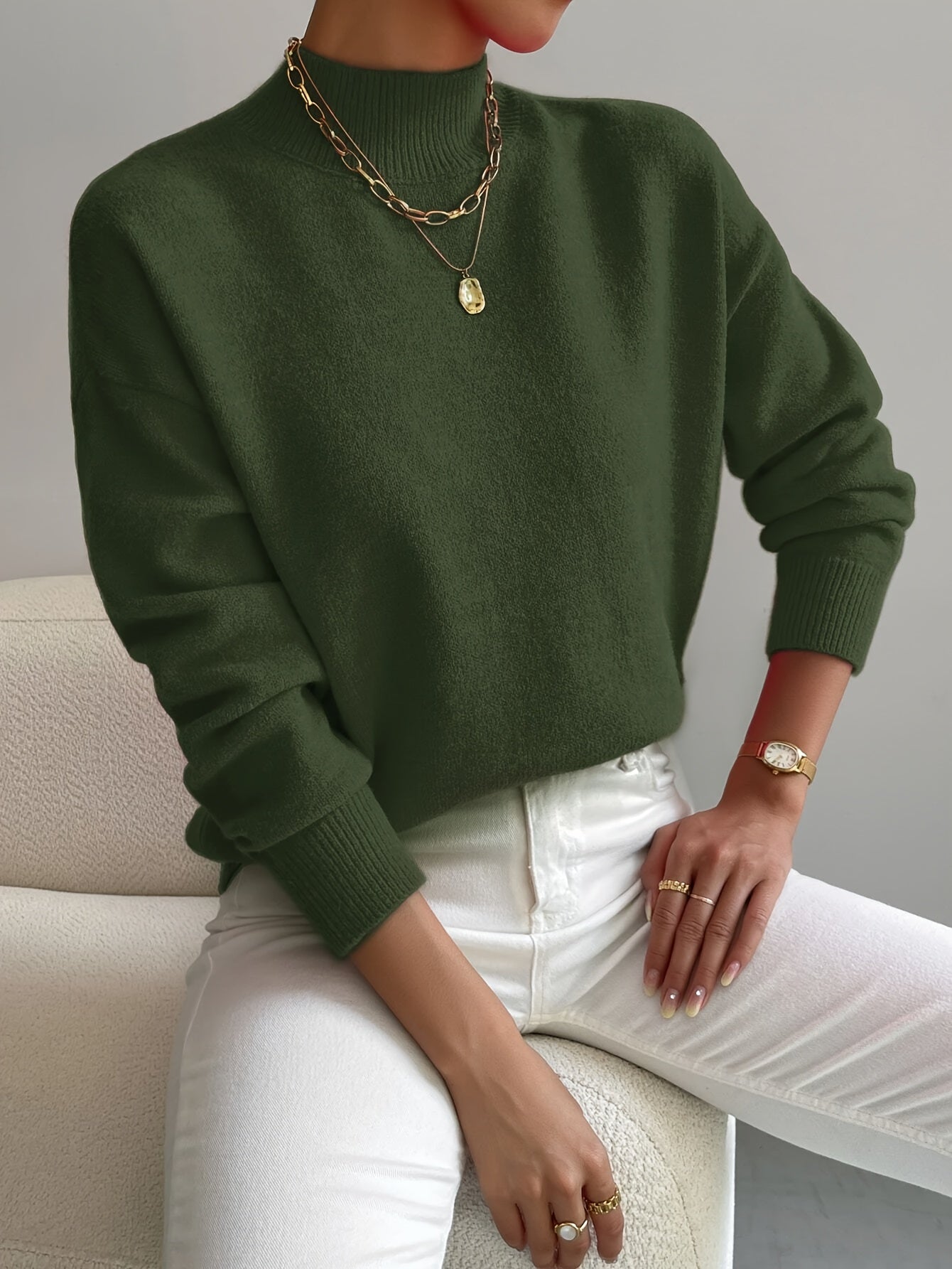 Turtle Neck Drop Shoulder Ribbed Cuff Soft Knit Sweater