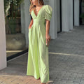 Puff Sleeve V Neck Ruched Waist Wide Leg Formal Jumpsuit