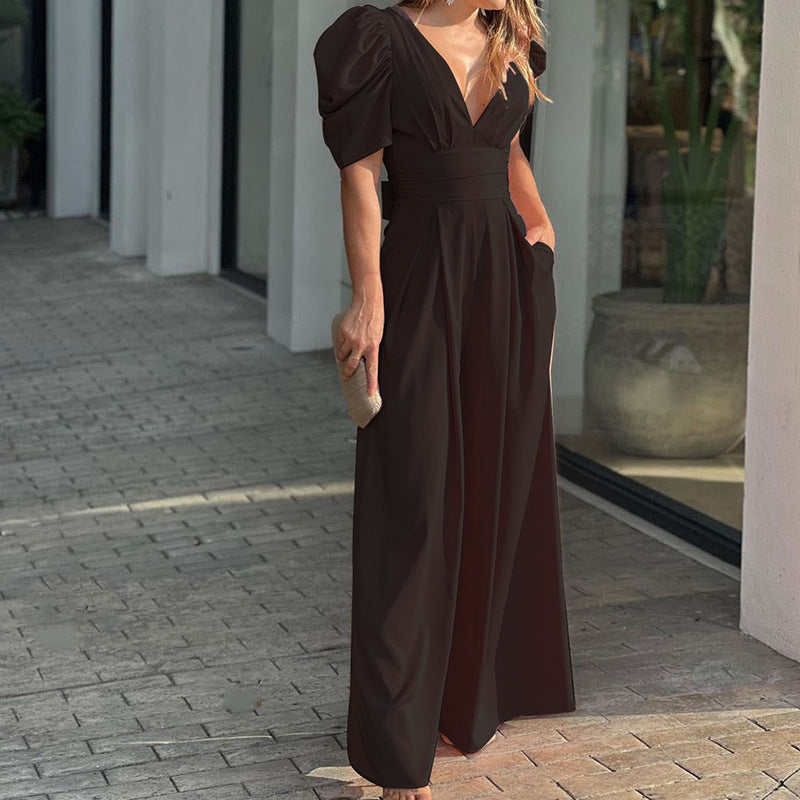 Puff Sleeve V Neck Ruched Waist Wide Leg Formal Jumpsuit