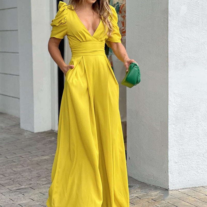 Puff Sleeve V Neck Ruched Waist Wide Leg Formal Jumpsuit