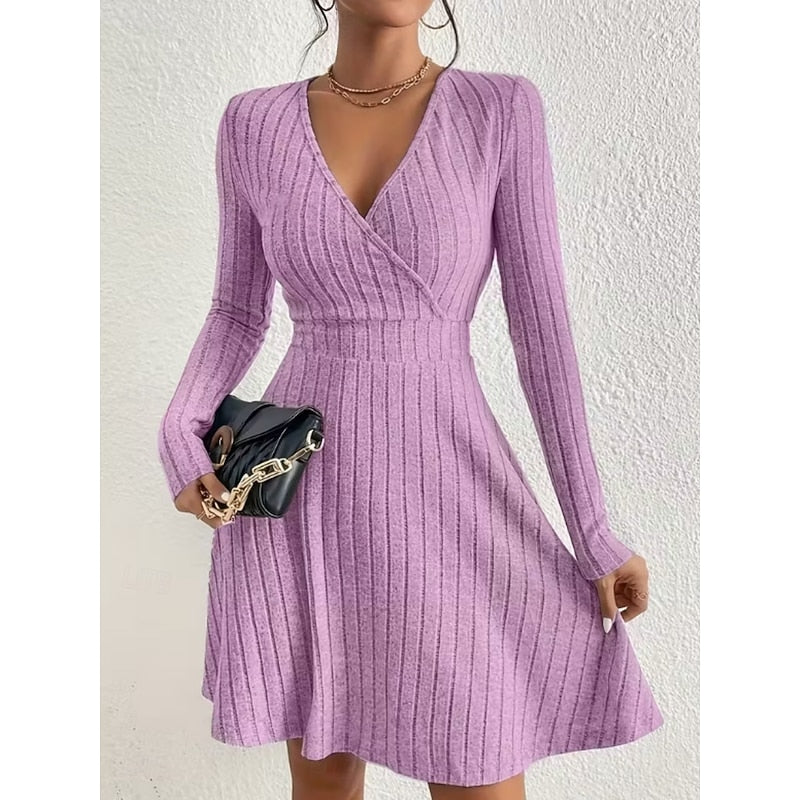 Beatrix | Women's Surplice V-Neck Ribbed Knit A-Line Dress