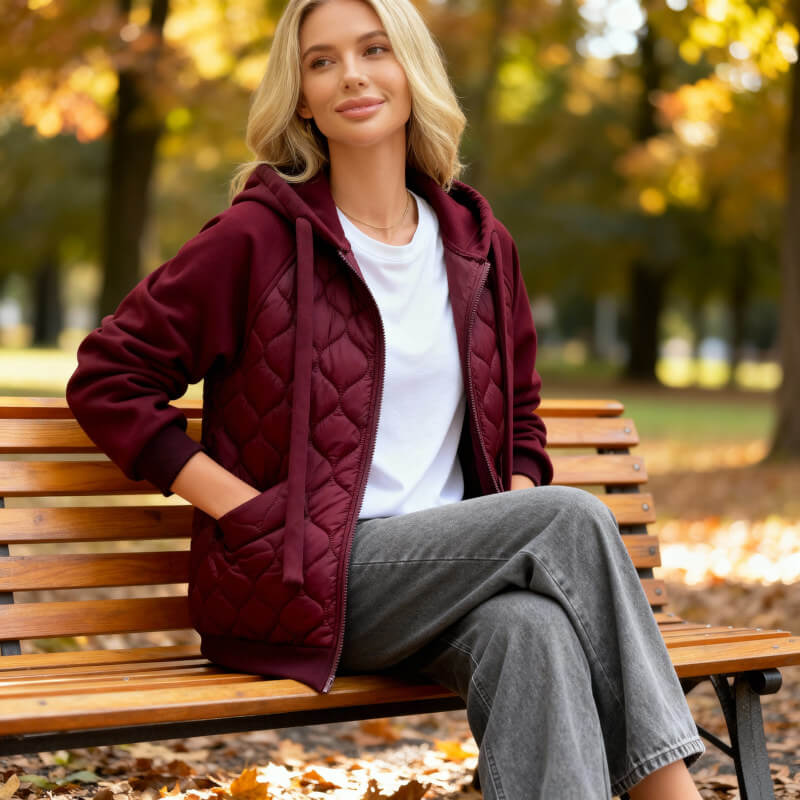 Marigold | Women's Quilted Panel Fleece Zip Hoodie Jacket