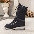 Wren | Women's Lace-Up Mid-Calf Combat Winter Boots with Knit Cuff