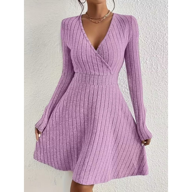 Beatrix | Women's Surplice V-Neck Ribbed Knit A-Line Dress