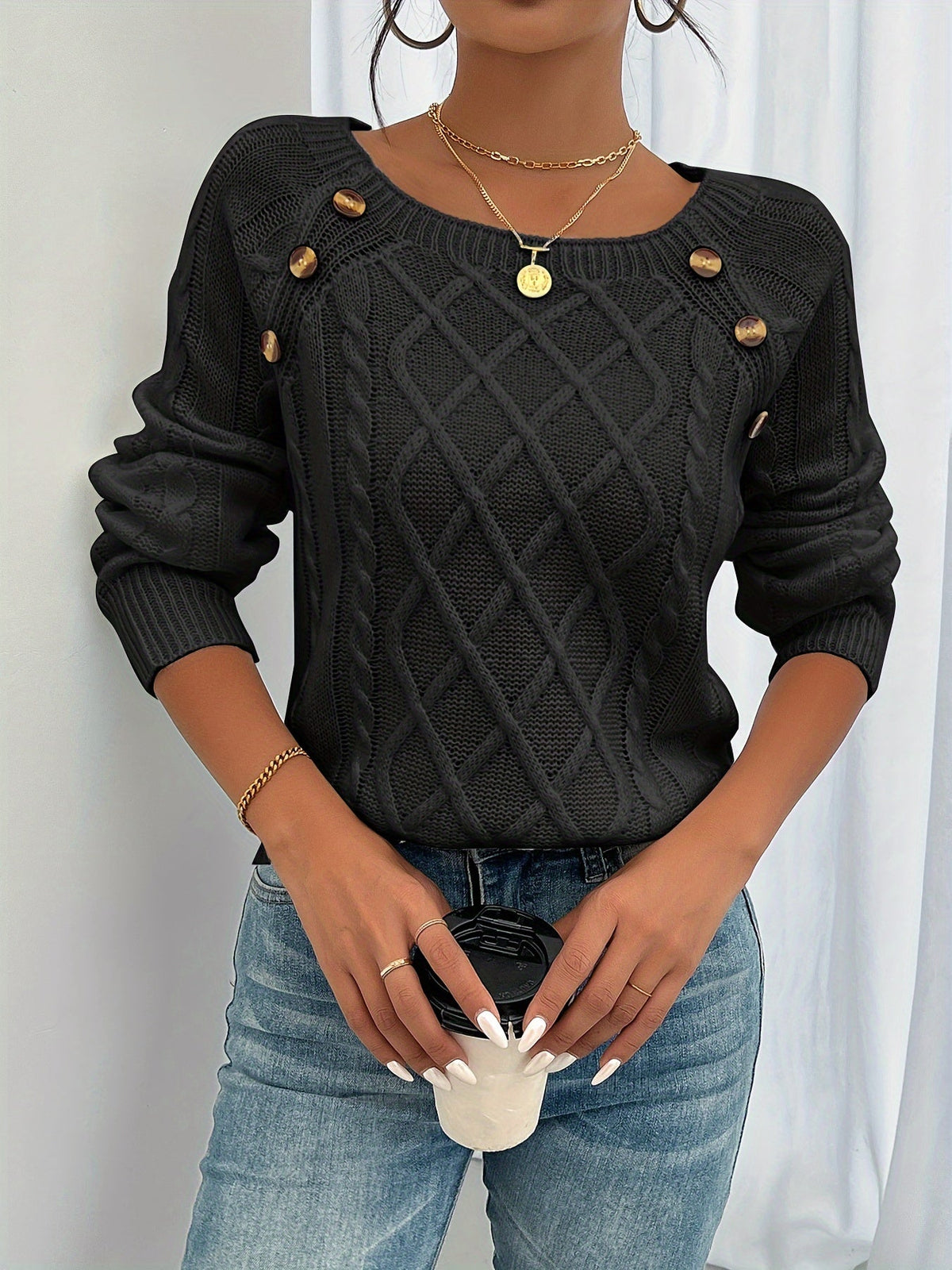 Cataleya | Women's Square Neck Cable Knit Sweater with Button Trim