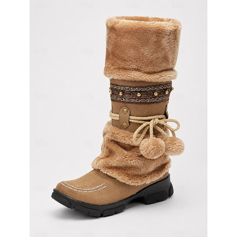 Cataleya | Women's Fur-Cuff Mid-Calf Boots with Boho Beaded Strap