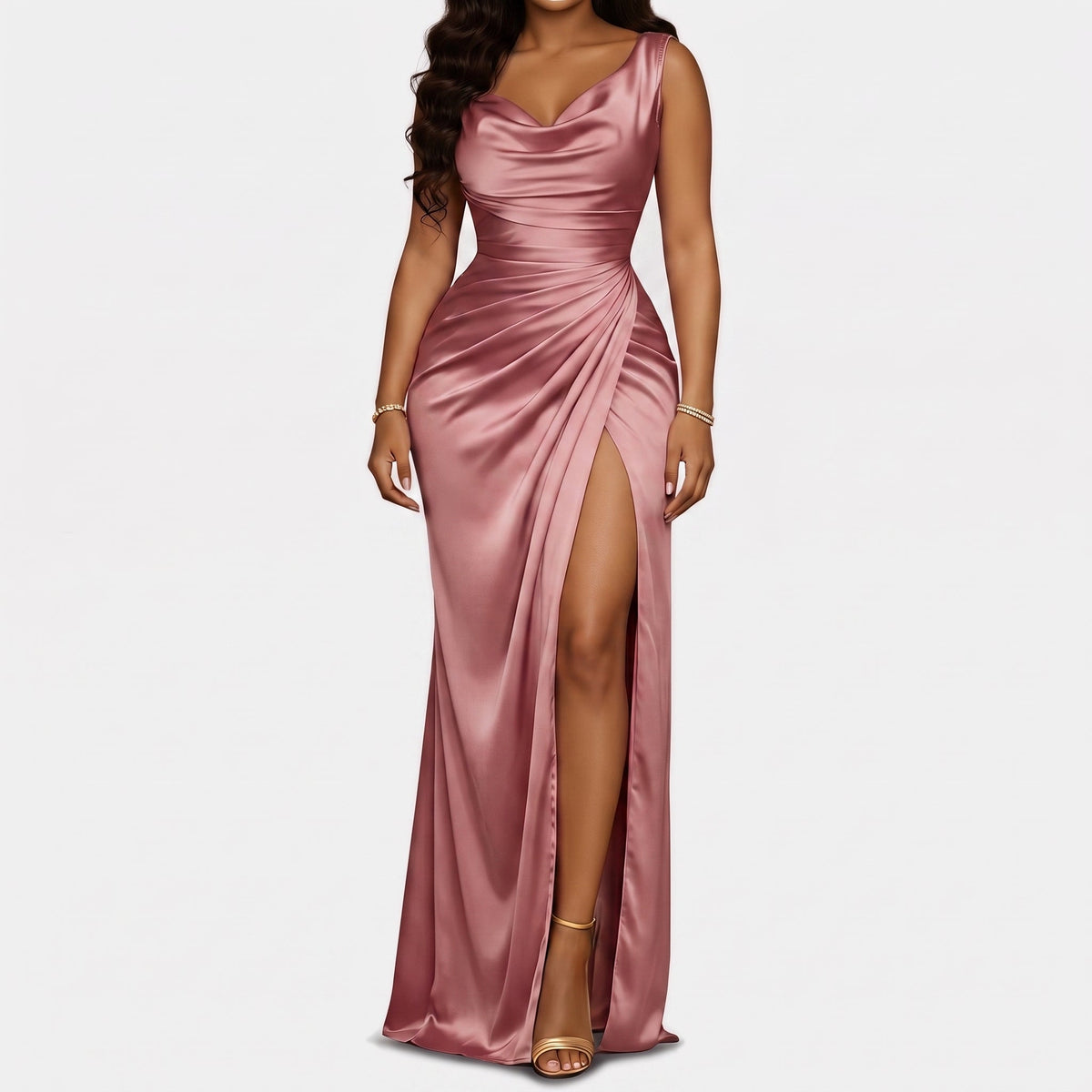 Elowen | Women's High-Slit Mermaid Satin Cowl Neck Homecoming Dress