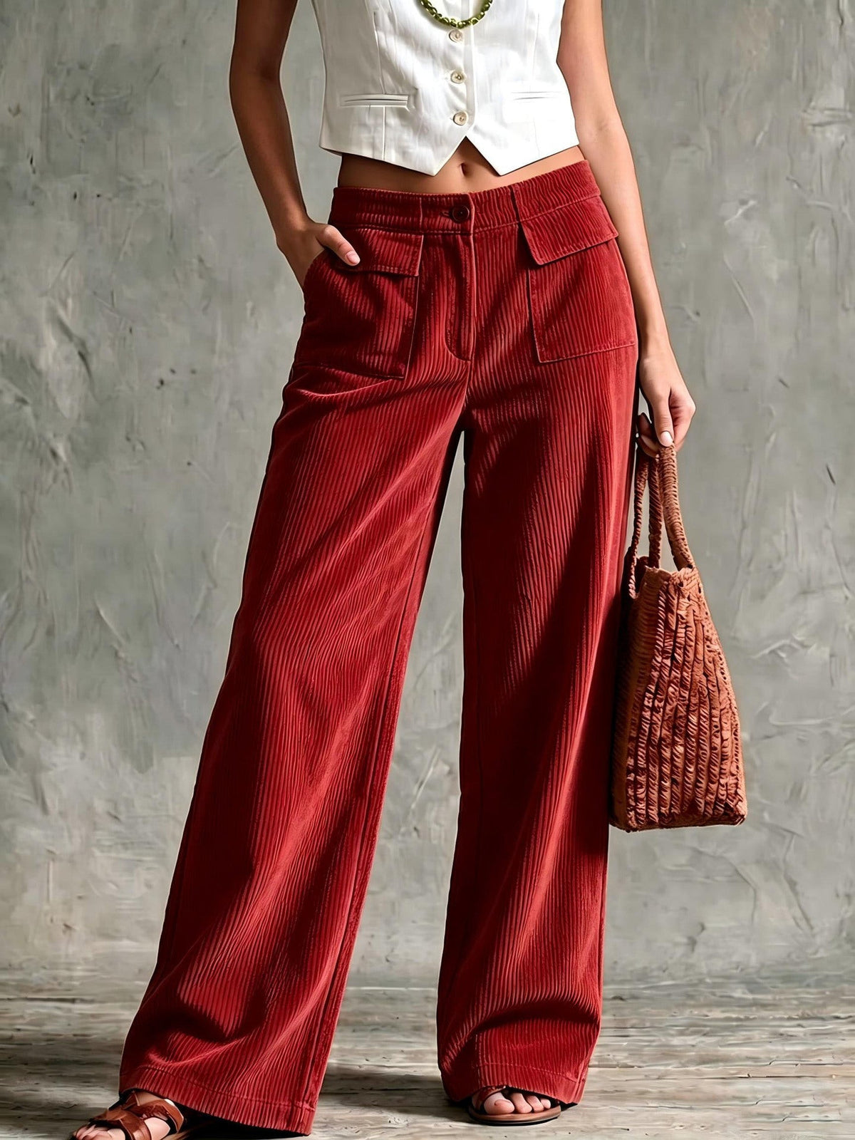 Elowen | Women's Flap Pocket Wide Leg Corduroy Pants