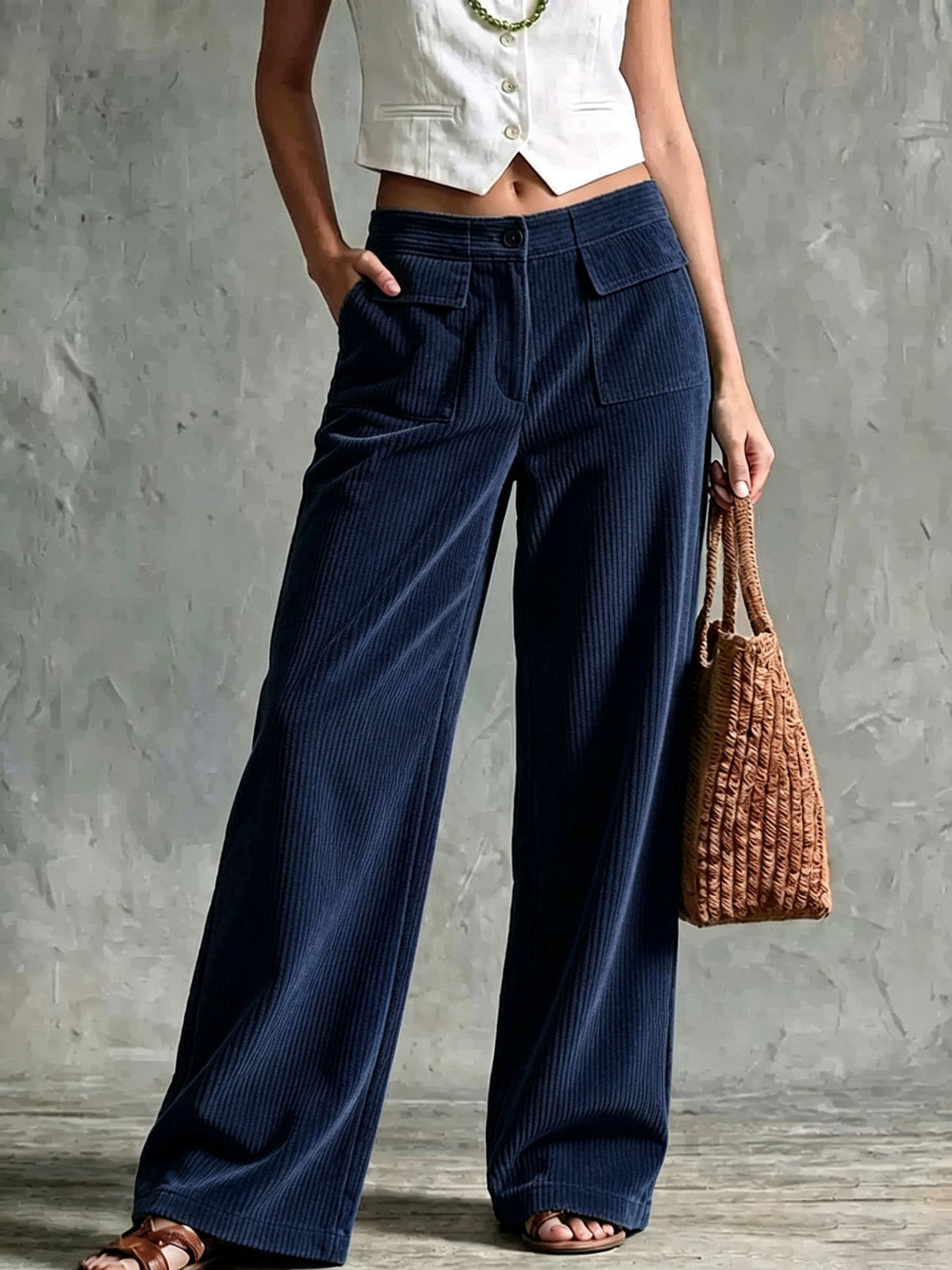 Elowen | Women's Flap Pocket Wide Leg Corduroy Pants