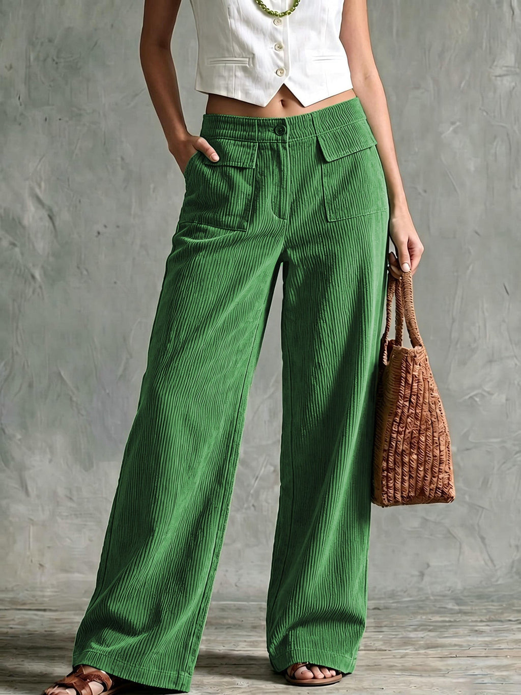 Elowen | Women's Flap Pocket Wide Leg Corduroy Pants