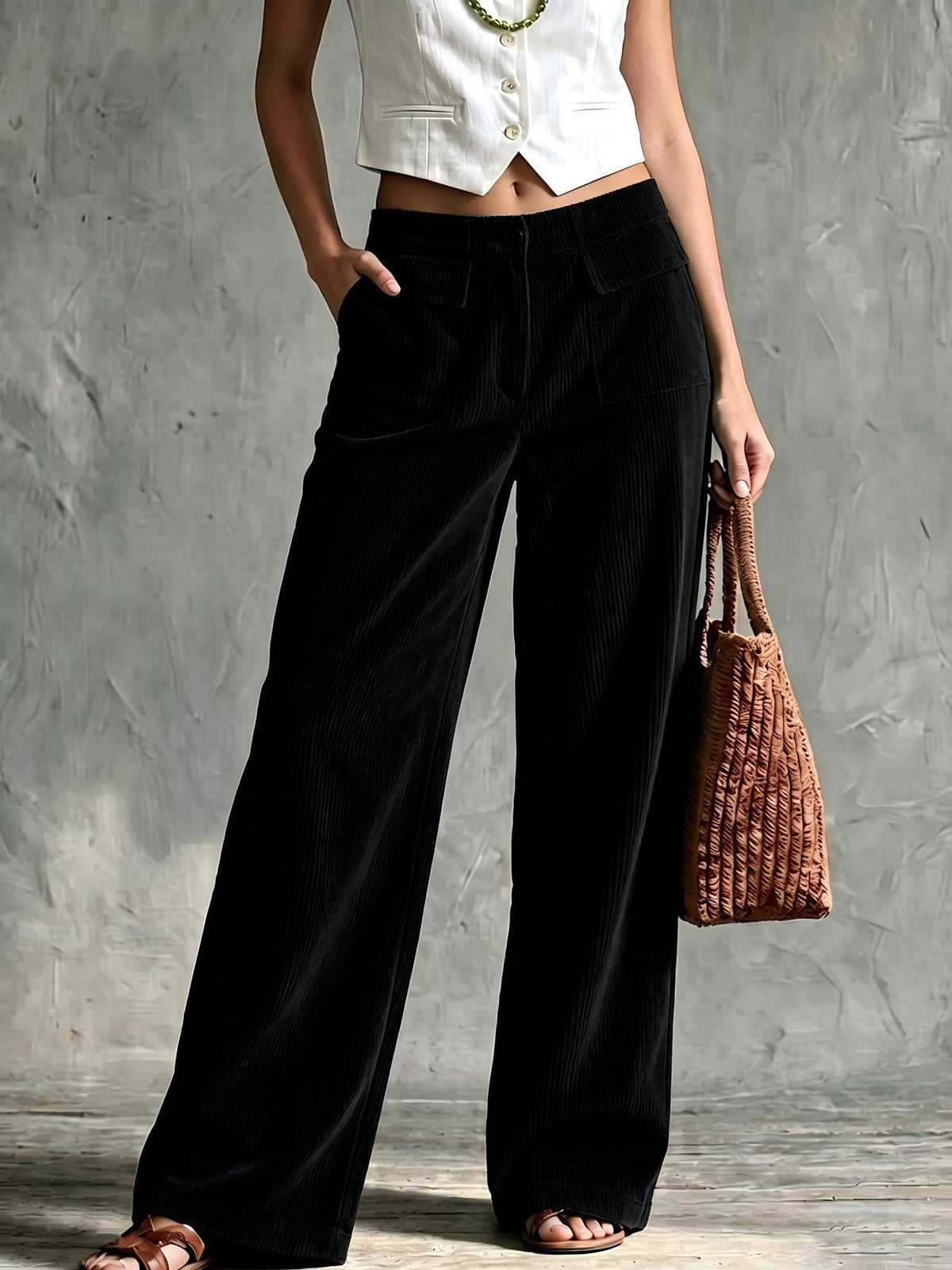 Elowen | Women's Flap Pocket Wide Leg Corduroy Pants