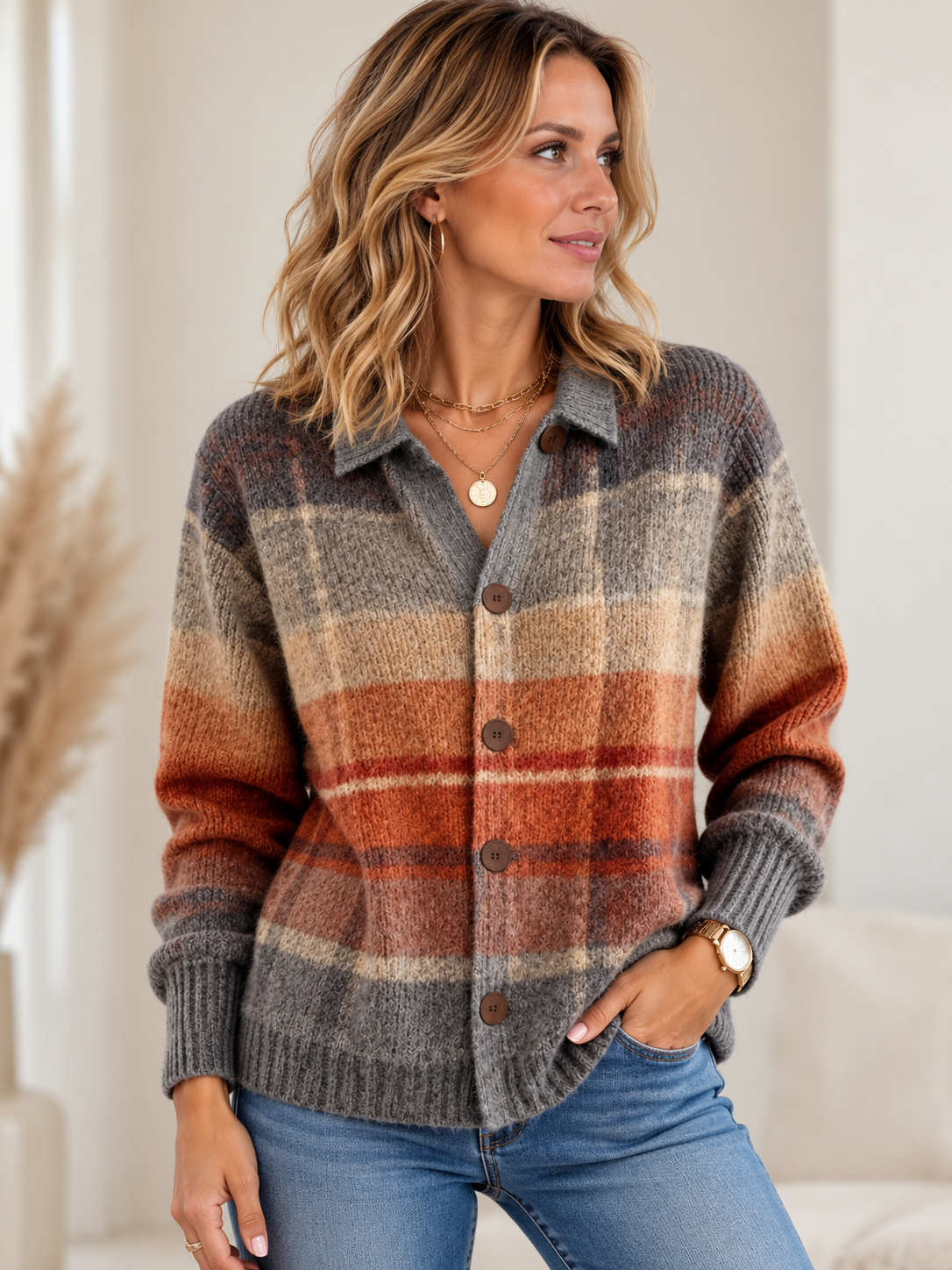 Orla | Women's Plaid Knit Collared Button Down Cardigan