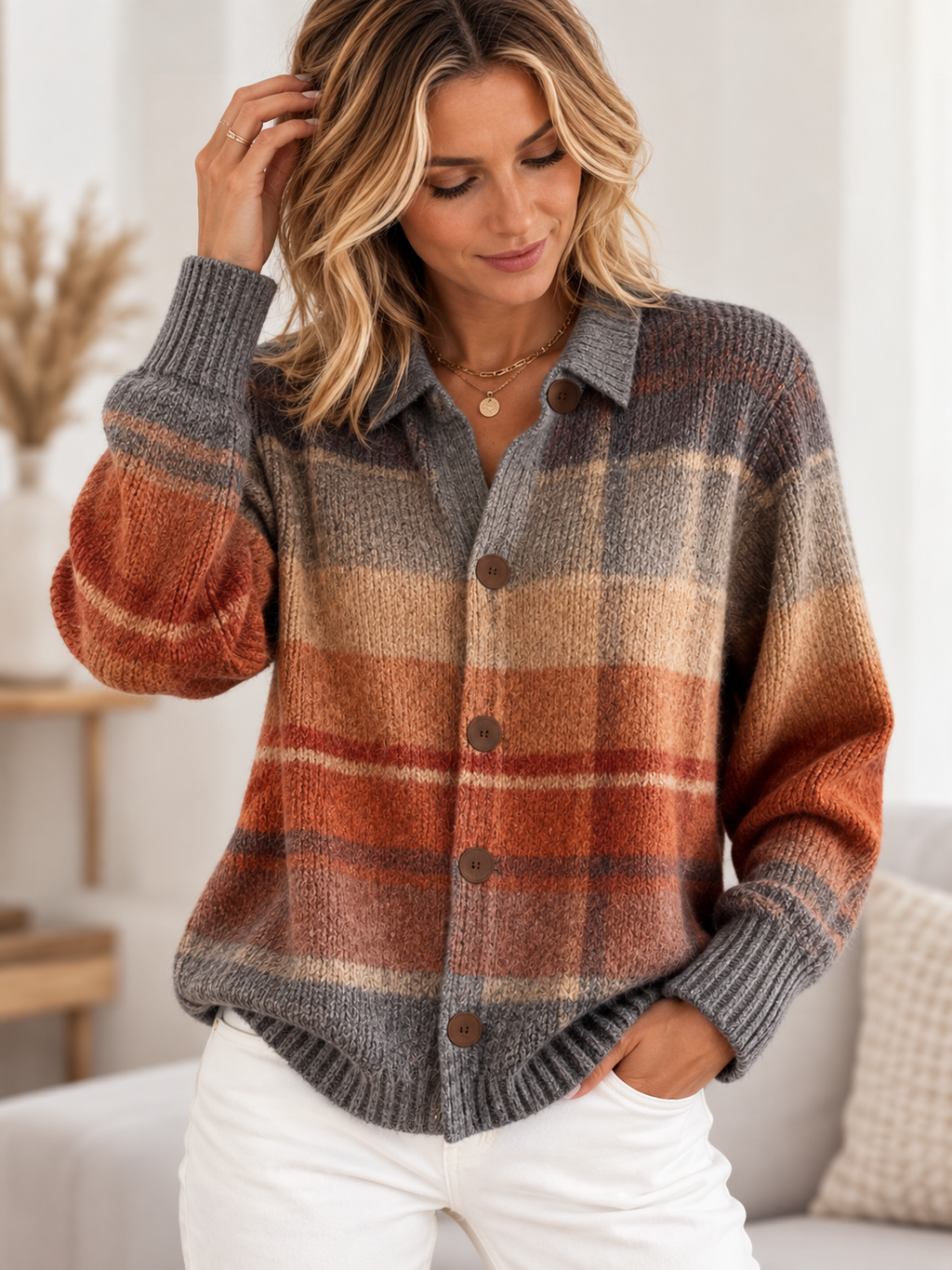 Orla | Women's Plaid Knit Collared Button Down Cardigan