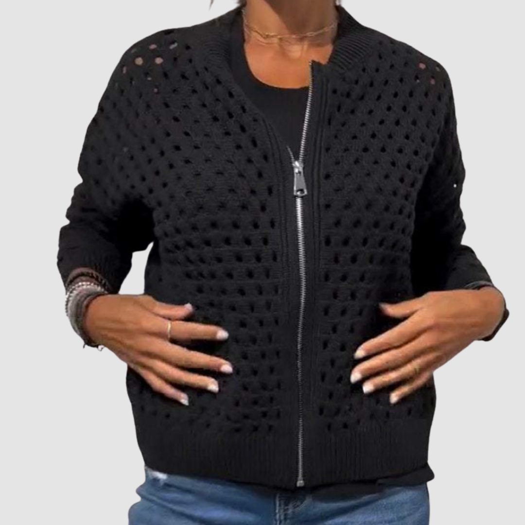 Adalynn | Women's Openwork Knit Zip-Front Cardigan