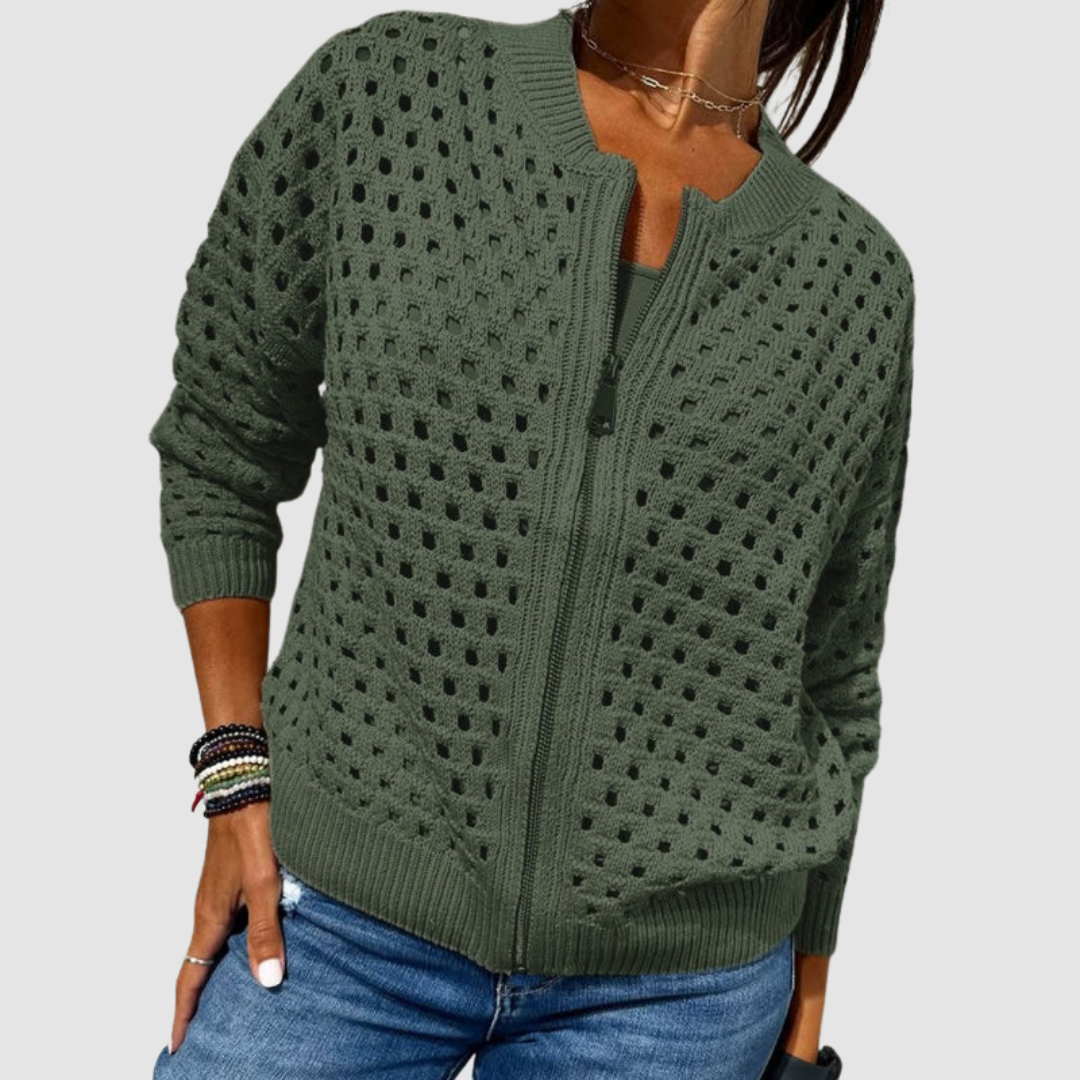Adalynn | Women's Openwork Knit Zip-Front Cardigan