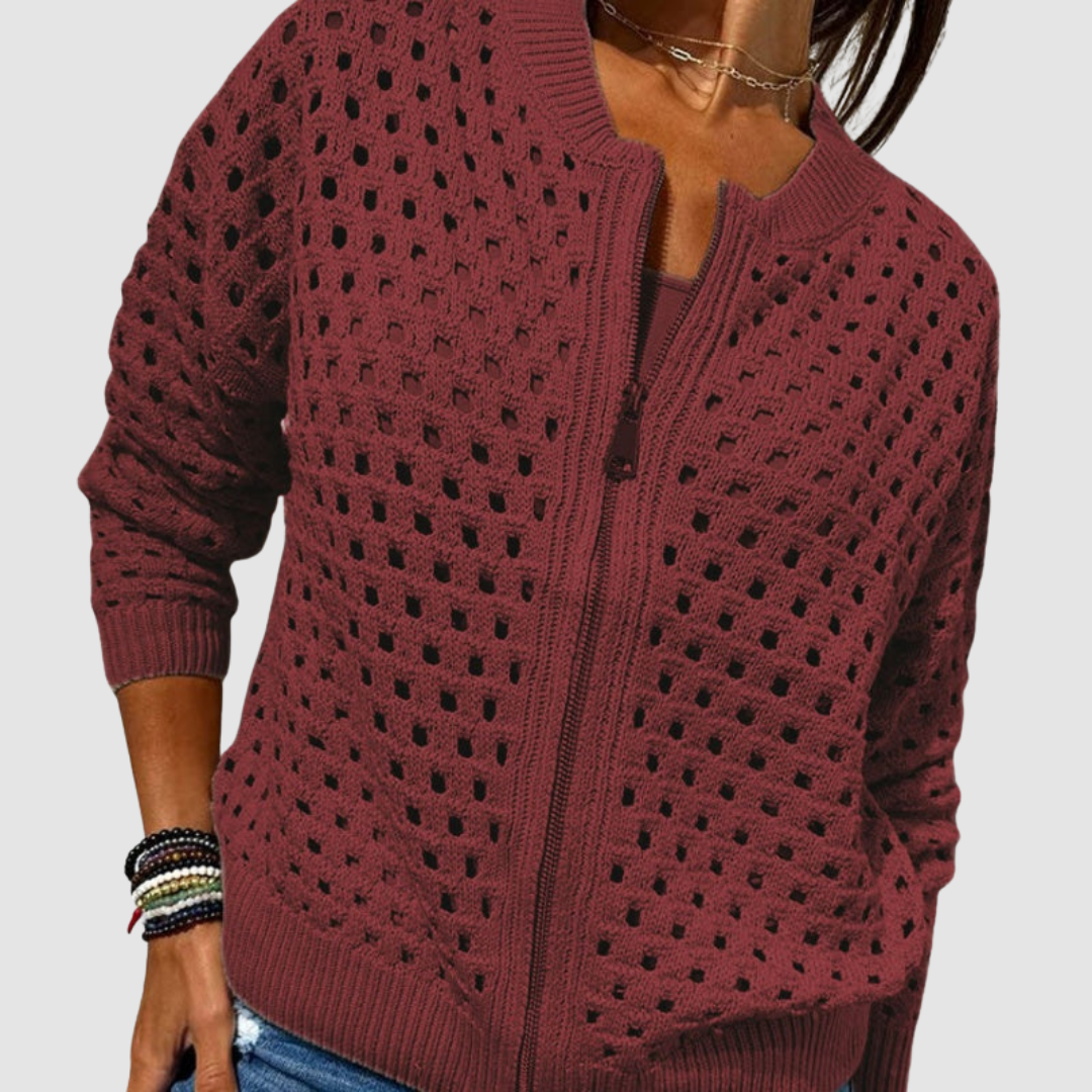 Adalynn | Women's Openwork Knit Zip-Front Cardigan