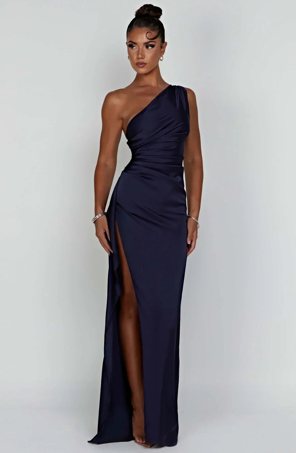 Draped One Shoulder Split Hem Satin Gown - Evening Formal