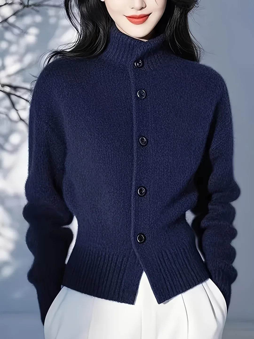 Genevieve | Women’s Button Up High Neck Knit Cardigan
