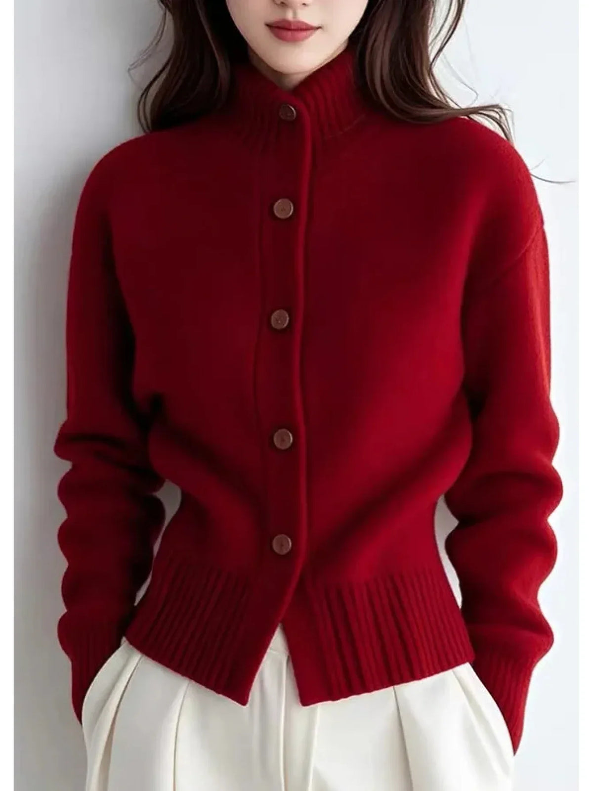 Genevieve | Women’s Button Up High Neck Knit Cardigan