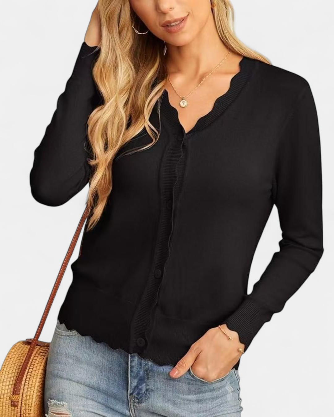 Sylvie | Women's Cropped Knit Cardigan with Scalloped Button Front