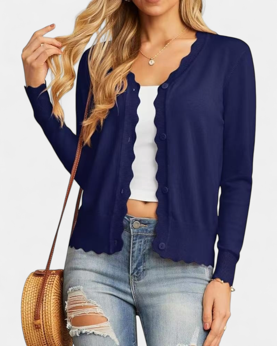 Sylvie | Women's Cropped Knit Cardigan with Scalloped Button Front