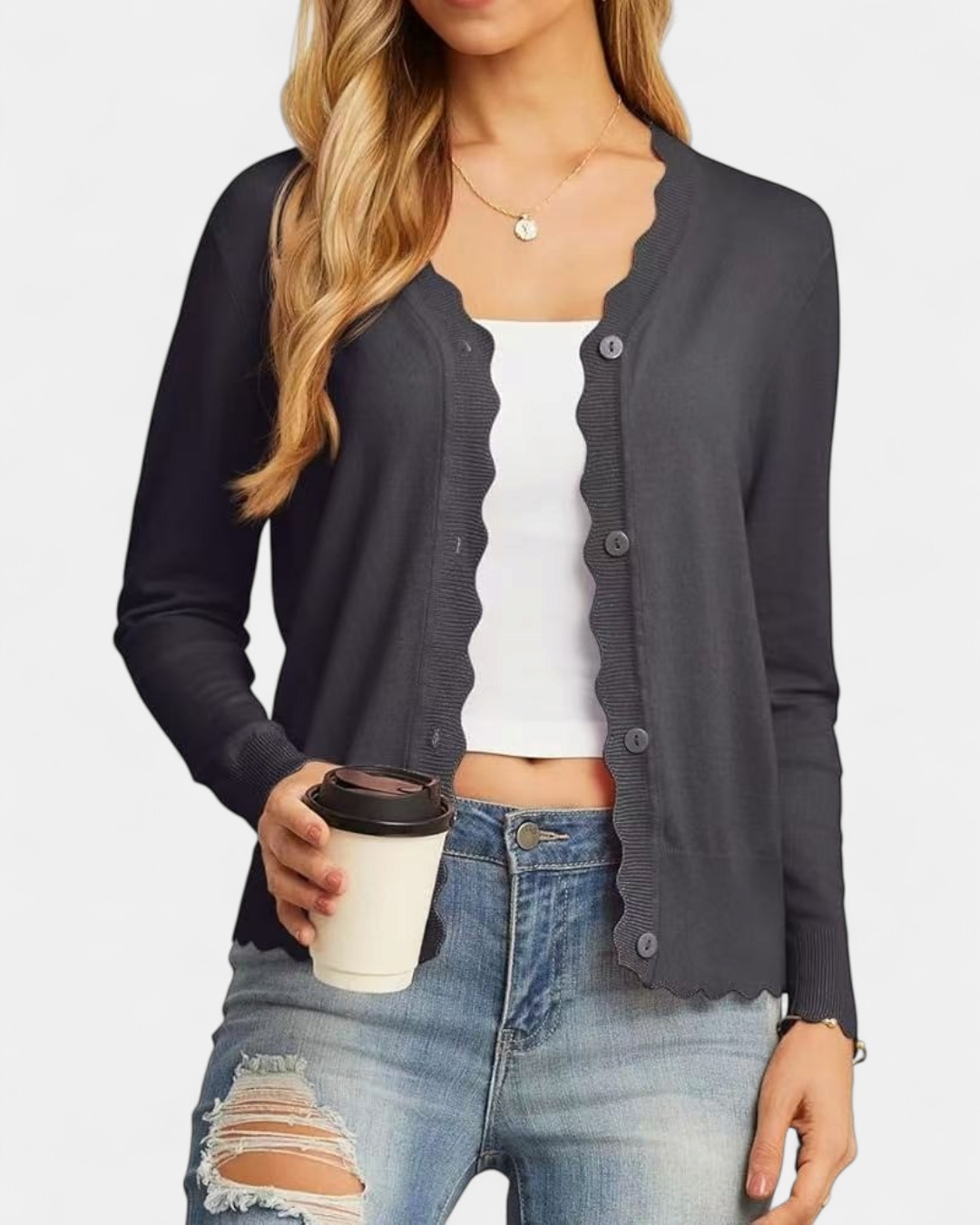 Sylvie | Women's Cropped Knit Cardigan with Scalloped Button Front