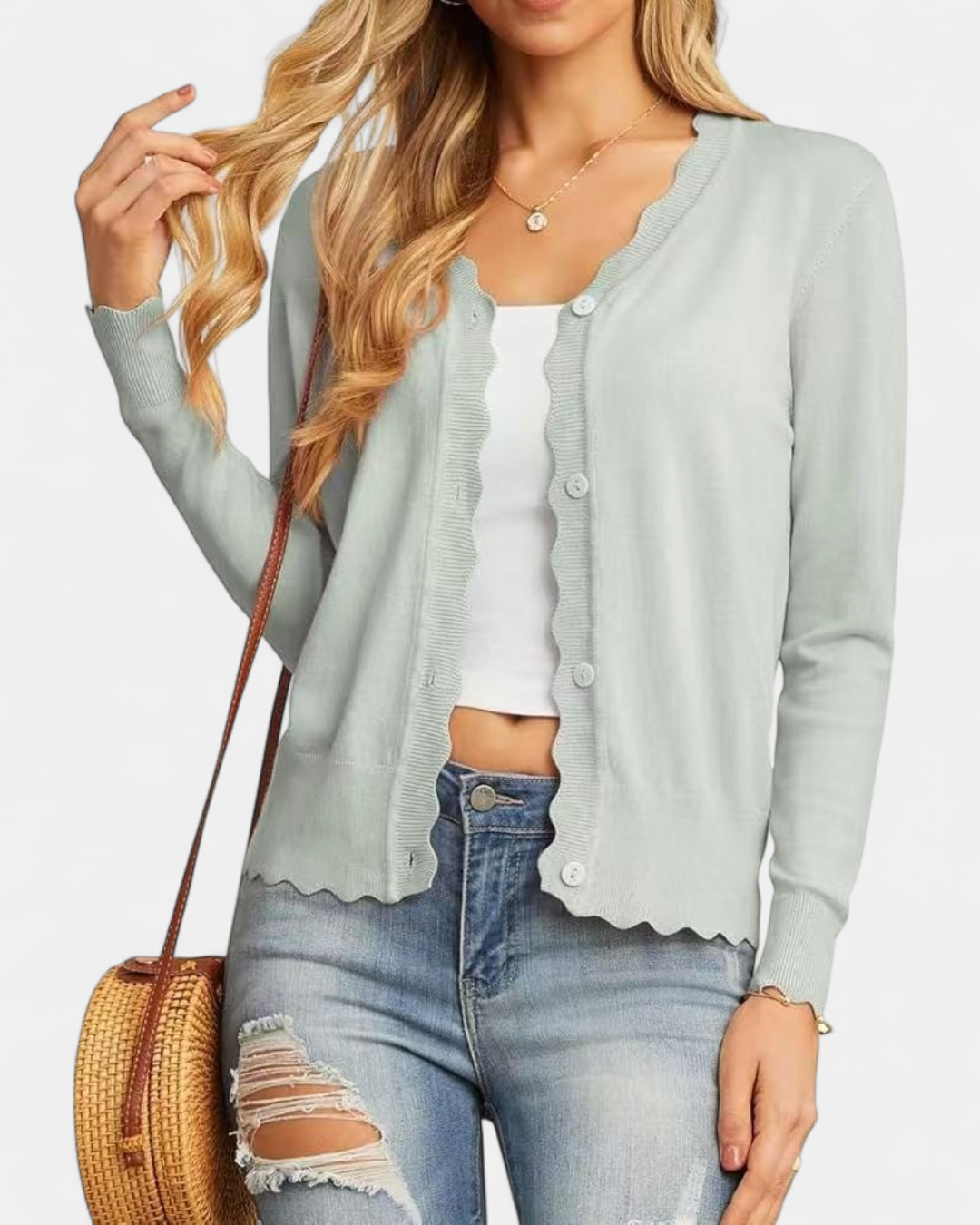 Sylvie | Women's Cropped Knit Cardigan with Scalloped Button Front