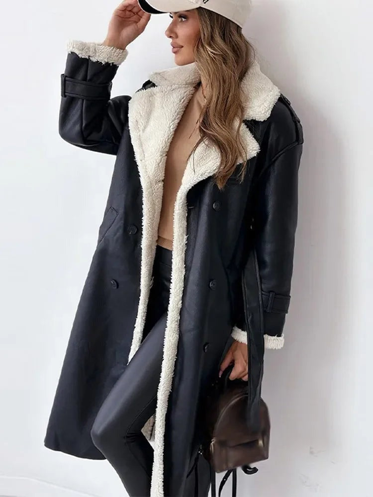Marisol | Women's Faux Leather Coat with Contrast Shearling Trim