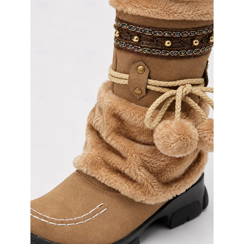 Cataleya | Women's Fur-Cuff Mid-Calf Boots with Boho Beaded Strap