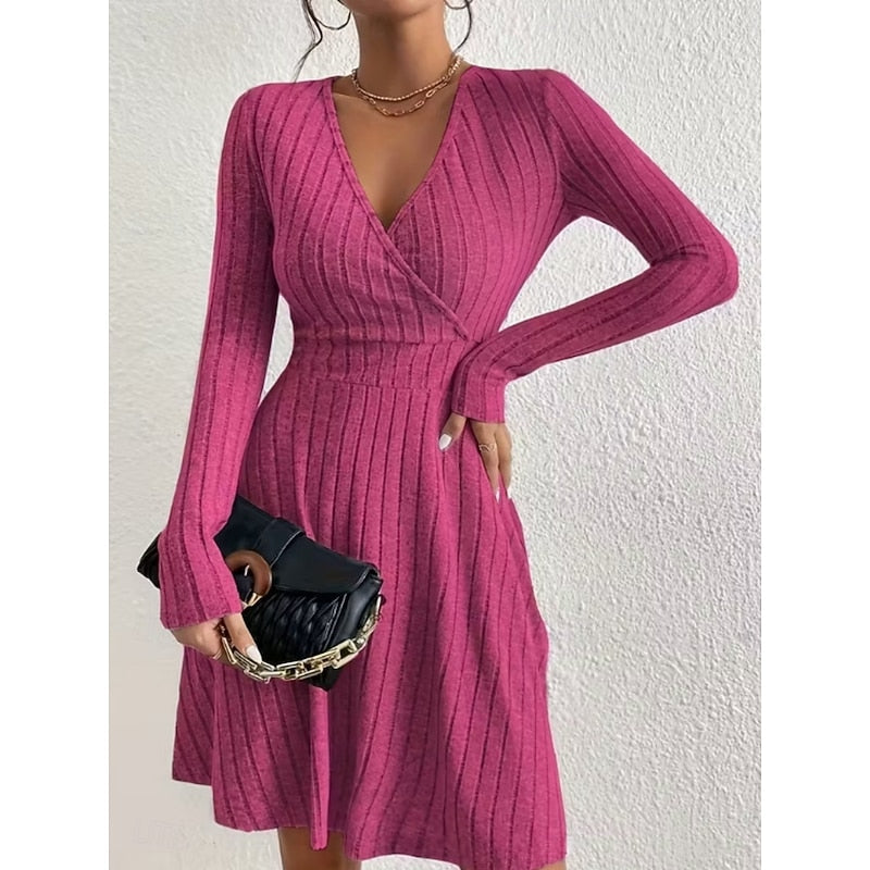 Beatrix | Women's Surplice V-Neck Ribbed Knit A-Line Dress