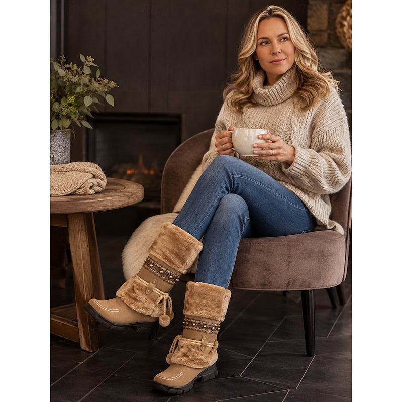 Cataleya | Women's Fur-Cuff Mid-Calf Boots with Boho Beaded Strap