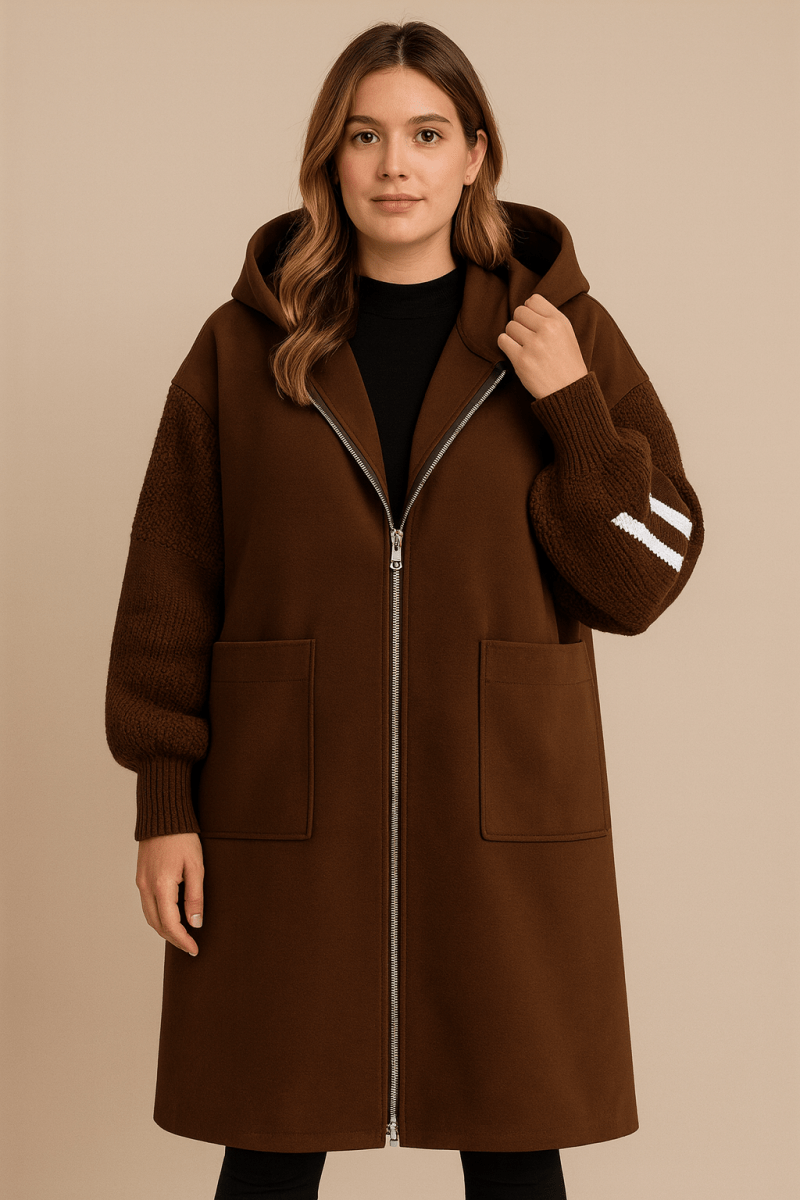 Josephine | Women's Longline Hooded Coat with Graphic Knit Sleeves