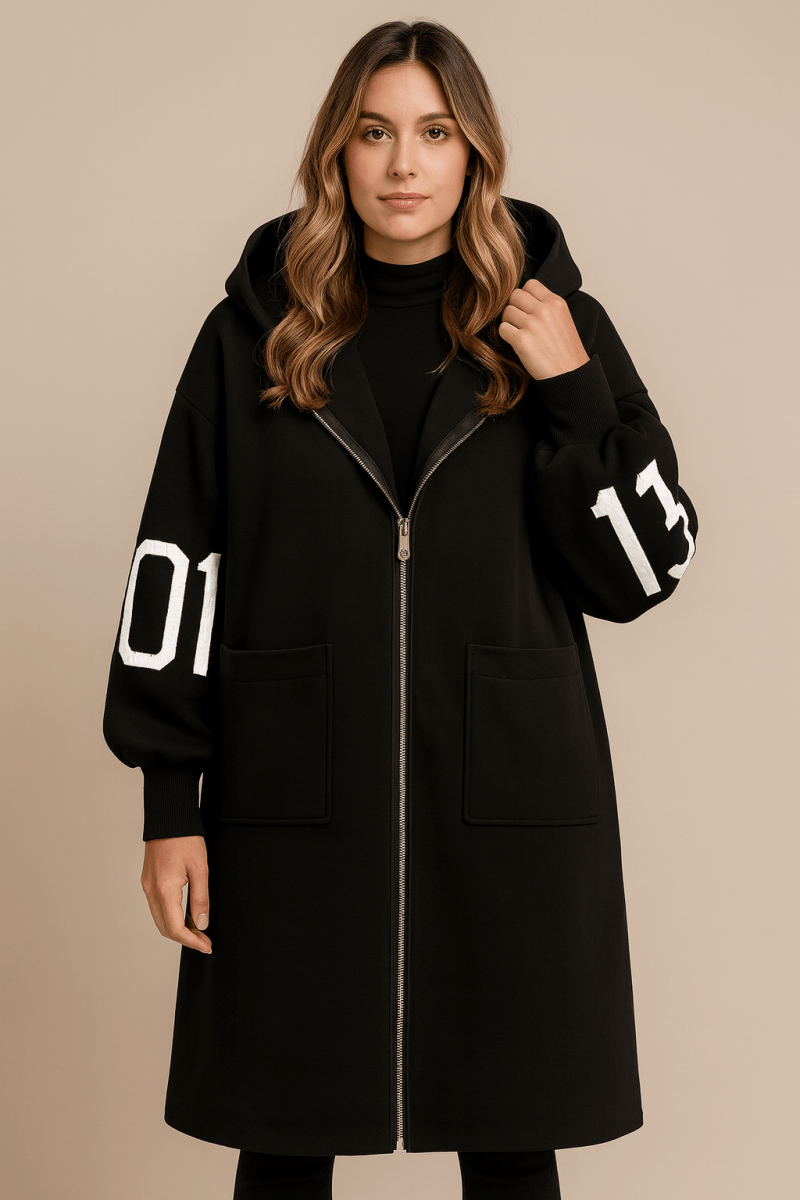 Josephine | Women's Longline Hooded Coat with Graphic Knit Sleeves