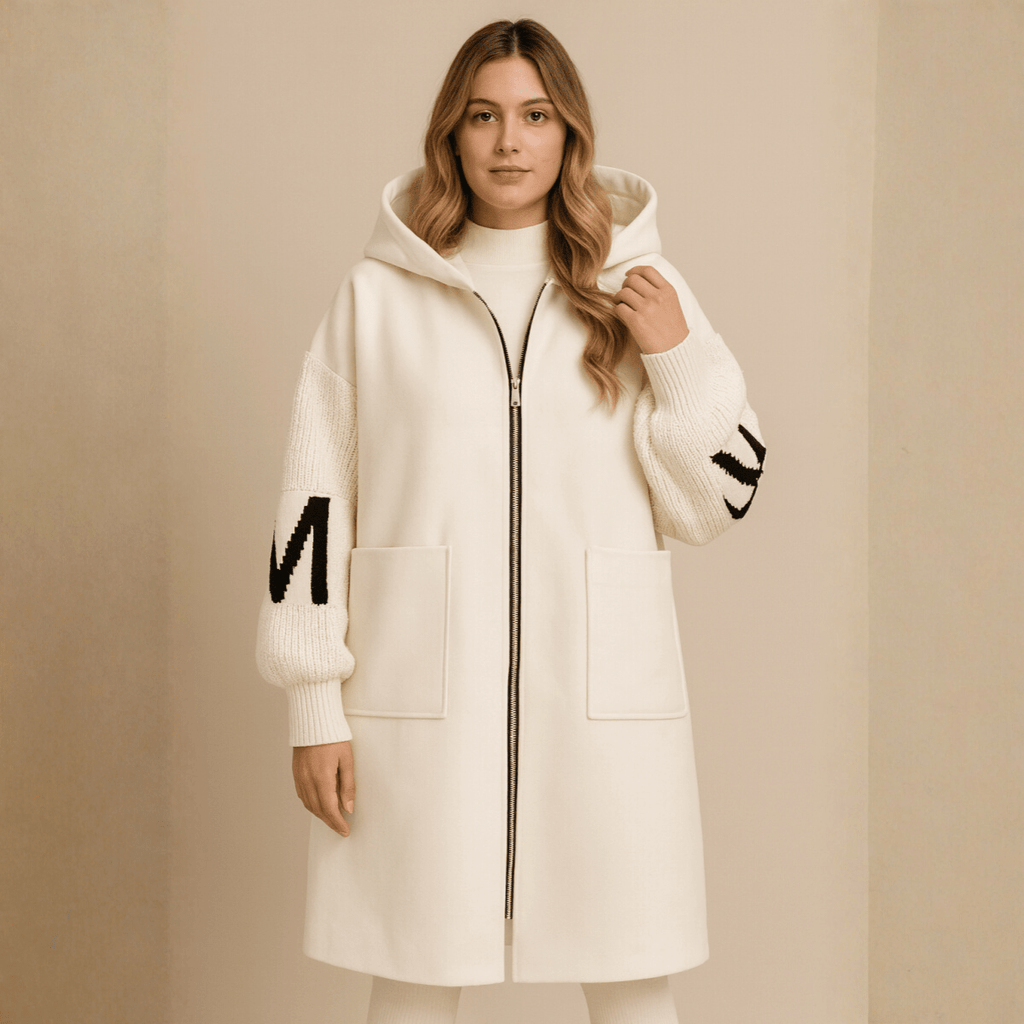 Josephine | Women's Longline Hooded Coat with Graphic Knit Sleeves