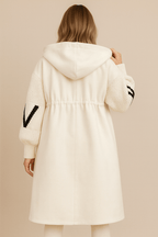 Josephine | Women's Longline Hooded Coat with Graphic Knit Sleeves