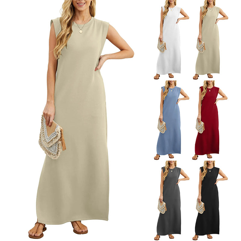 Shoulder Pad Sleeveless Crew Neck Casual Maxi Dress