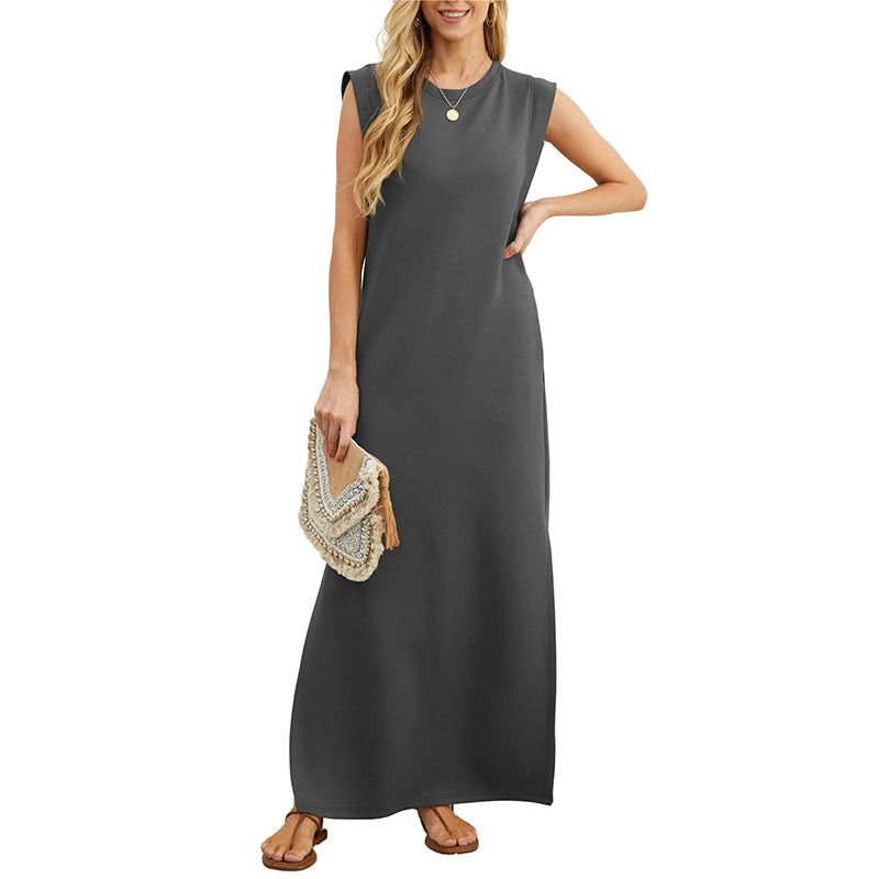 Shoulder Pad Sleeveless Crew Neck Casual Maxi Dress