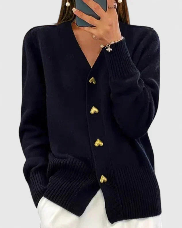 Wren | Women's V-Neck Cashmere Cardigan with Gold Heart Button Detail
