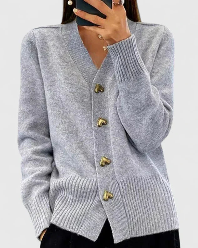 Wren | Women's V-Neck Cashmere Cardigan with Gold Heart Button Detail