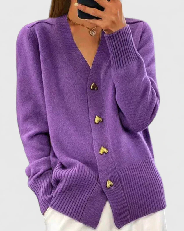 Wren | Women's V-Neck Cashmere Cardigan with Gold Heart Button Detail
