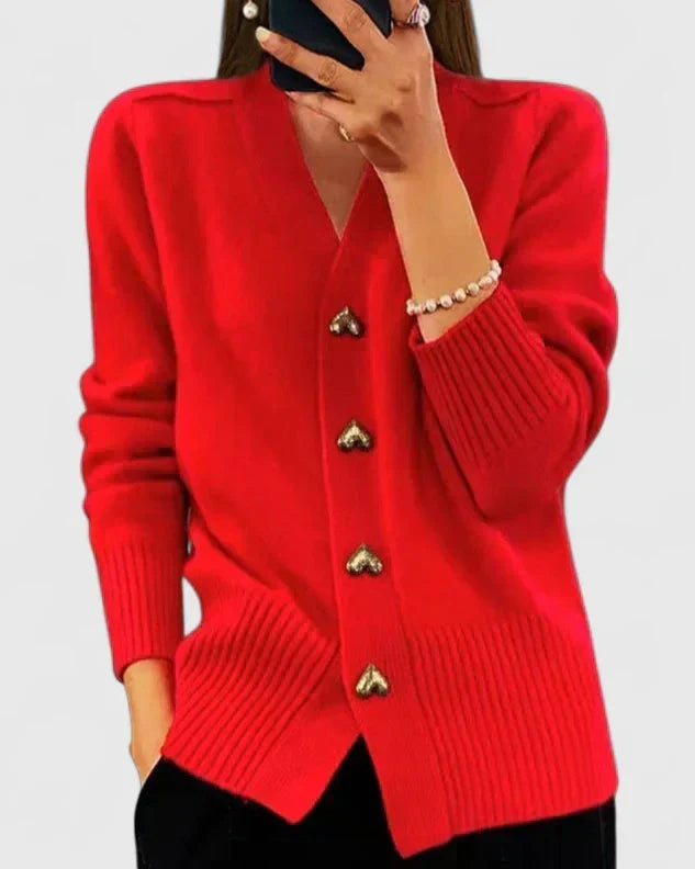Wren | Women's V-Neck Cashmere Cardigan with Gold Heart Button Detail