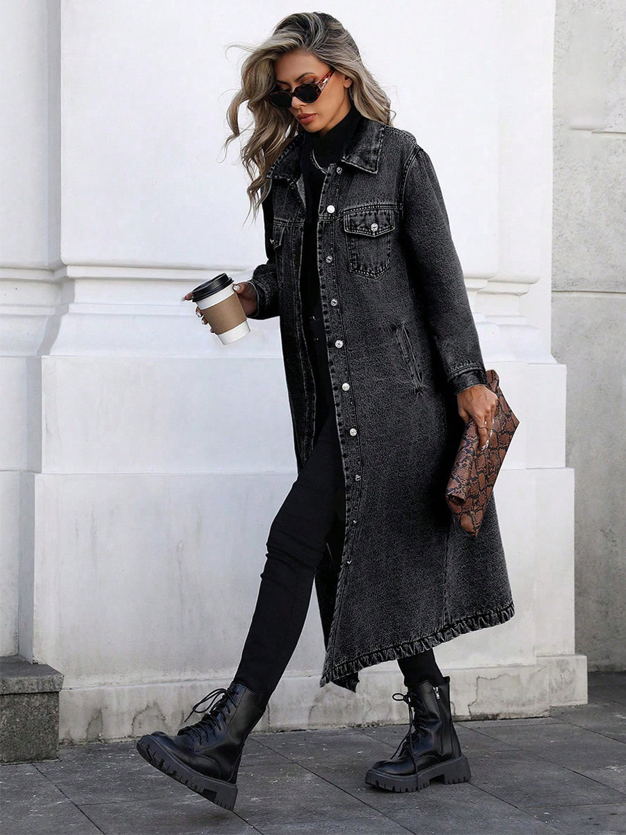 Persephone | Women's Long Denim Duster Jacket with Chest Pockets