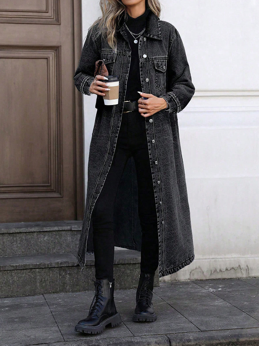 Persephone | Women's Long Denim Duster Jacket with Chest Pockets
