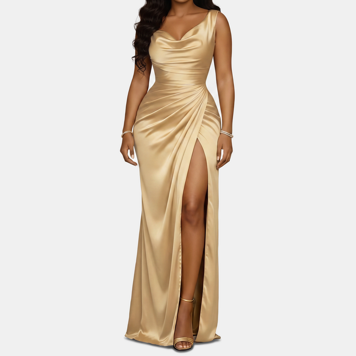 Elowen | Women's High-Slit Mermaid Satin Cowl Neck Homecoming Dress