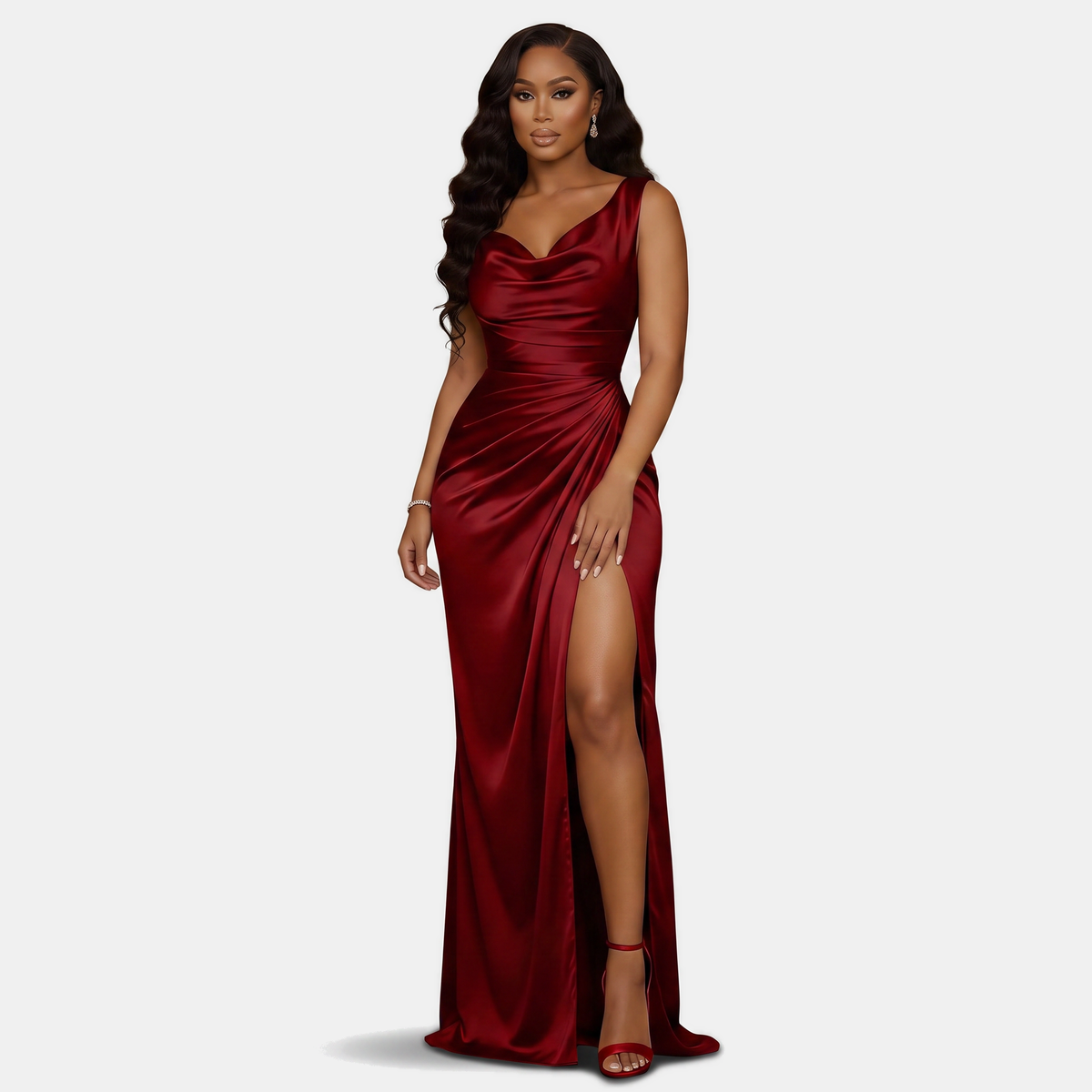 Elowen | Women's High-Slit Mermaid Satin Cowl Neck Homecoming Dress