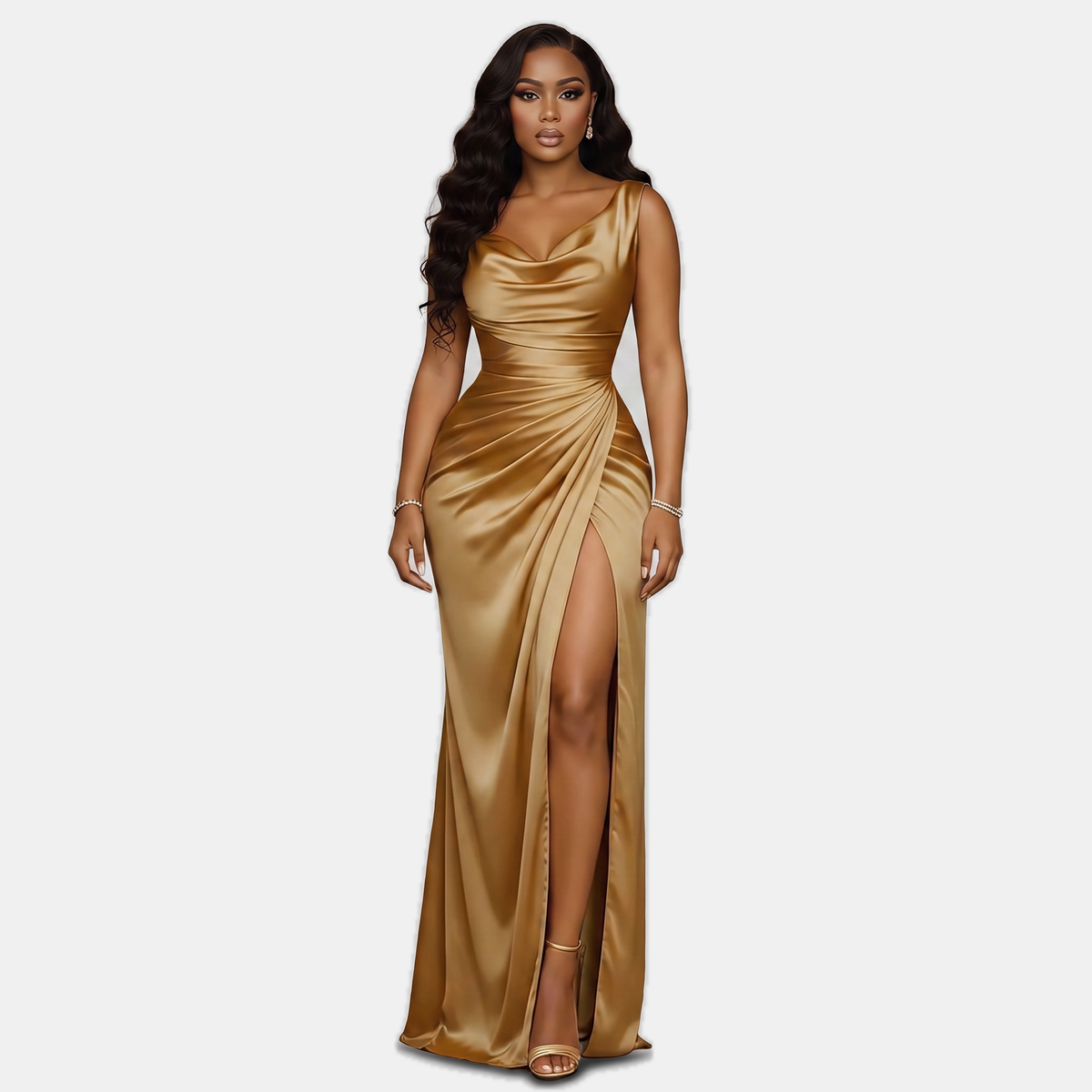 Elowen | Women's High-Slit Mermaid Satin Cowl Neck Homecoming Dress